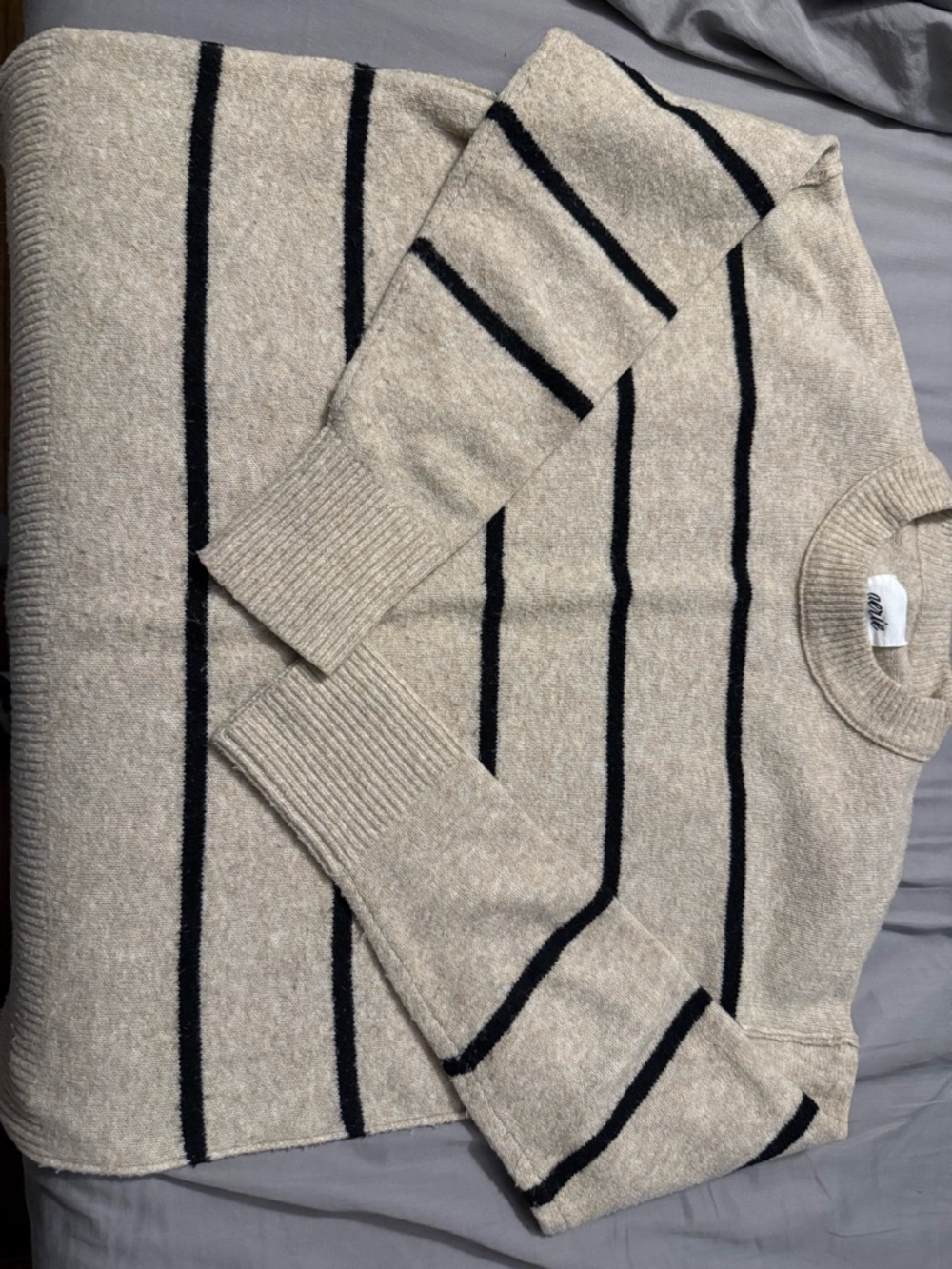 aerie Beige Crewneck Sweater with black Stripes